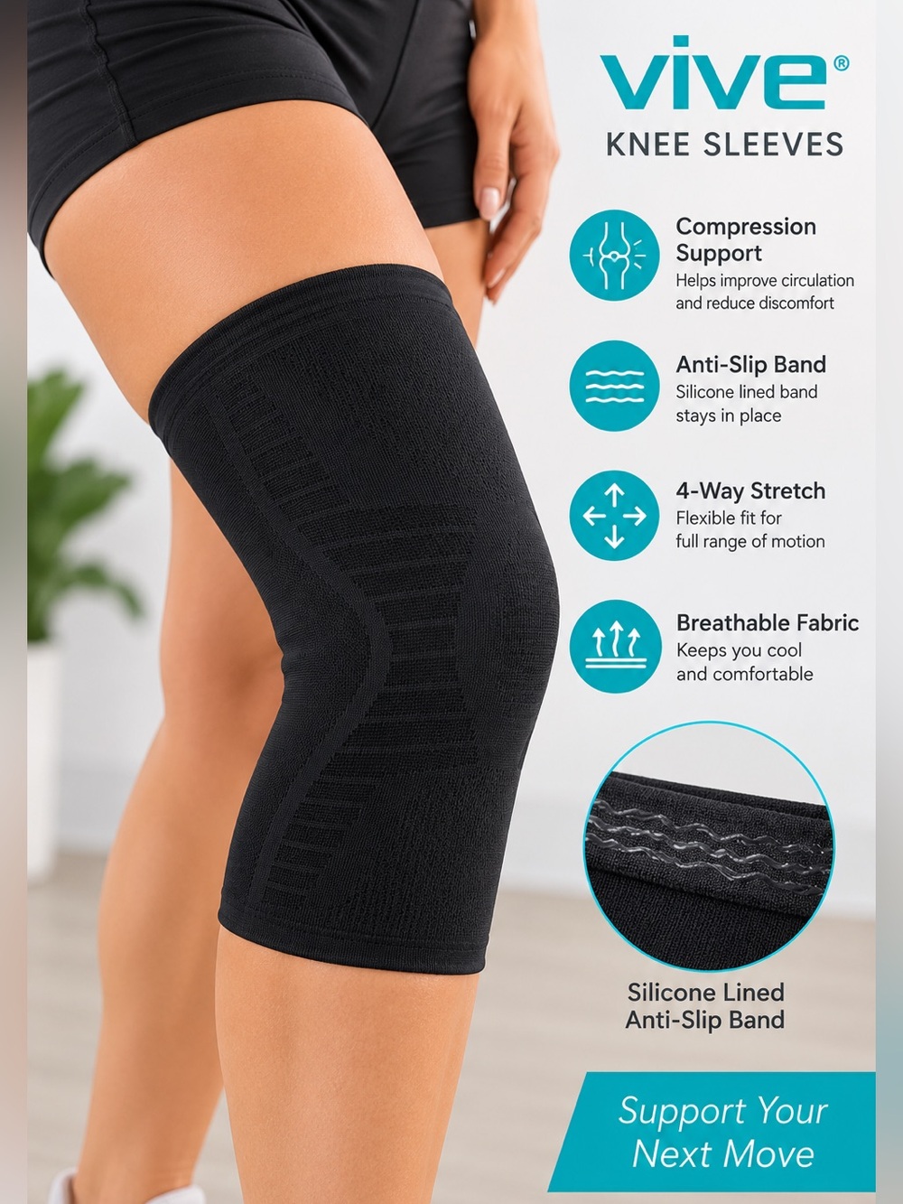 Vive Knee Compression Sleeve Black 2XL Anti-Slip Support